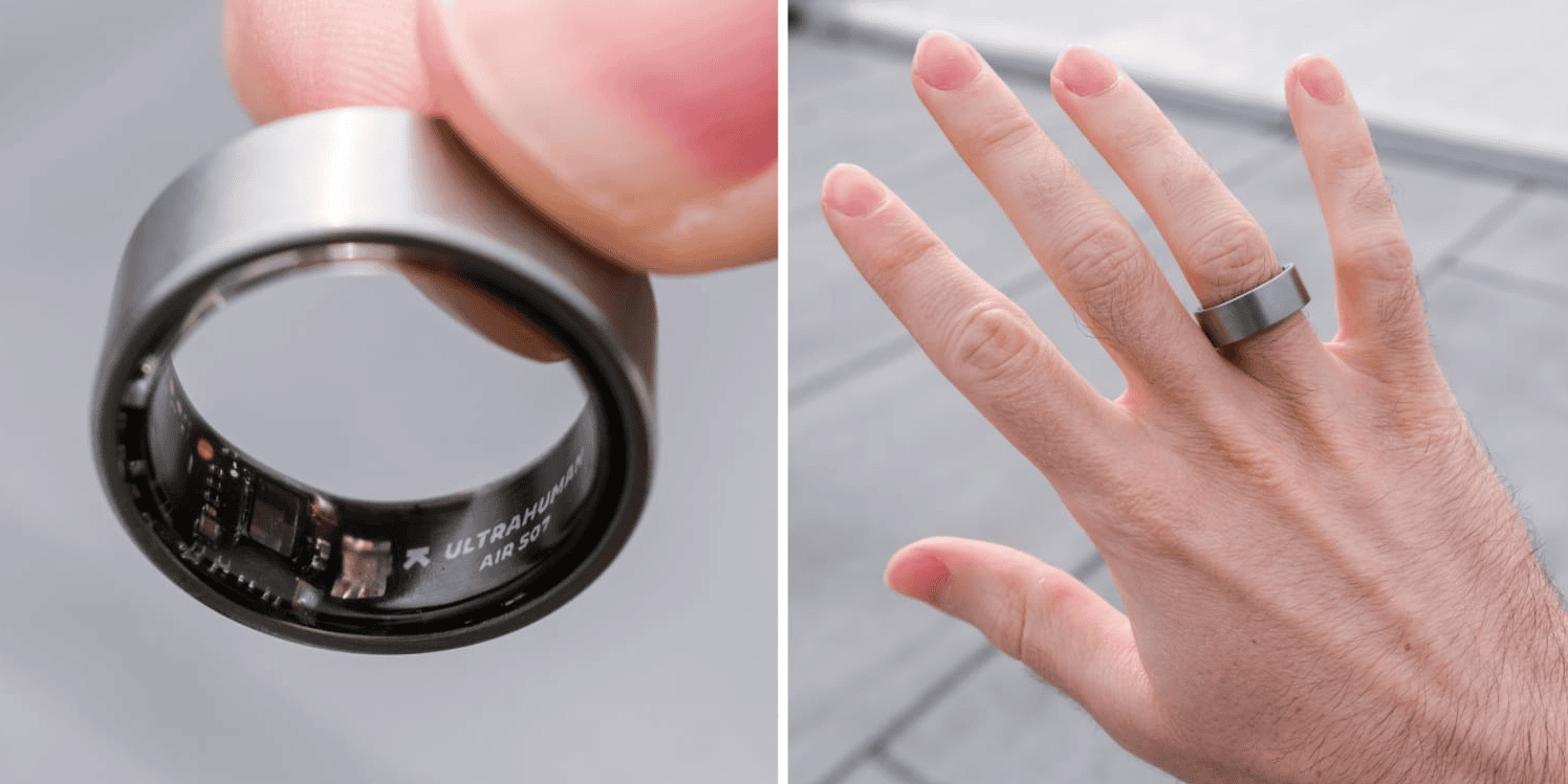 Ultrahuman Ring Air showing internal sensors and worn on a finger